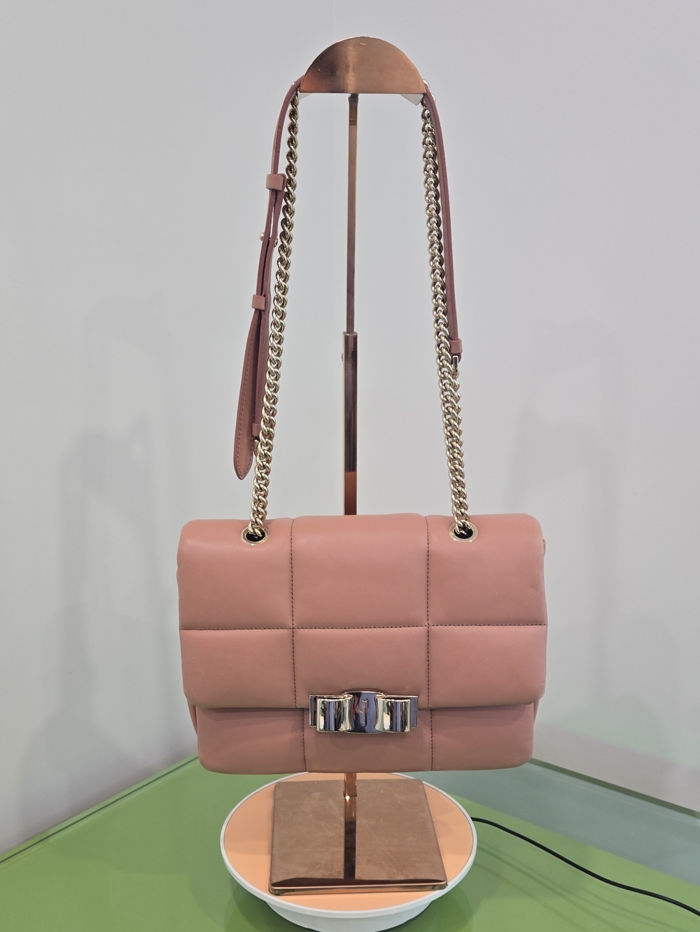 Ferragamo Gancini Quilted Pink Shoulder Bag with Chain Strap